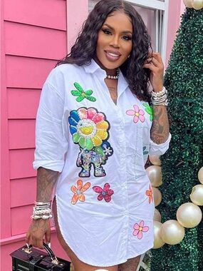 Floral Pattern Turndown Collar
Button Up Blouse Mini Dresses-White